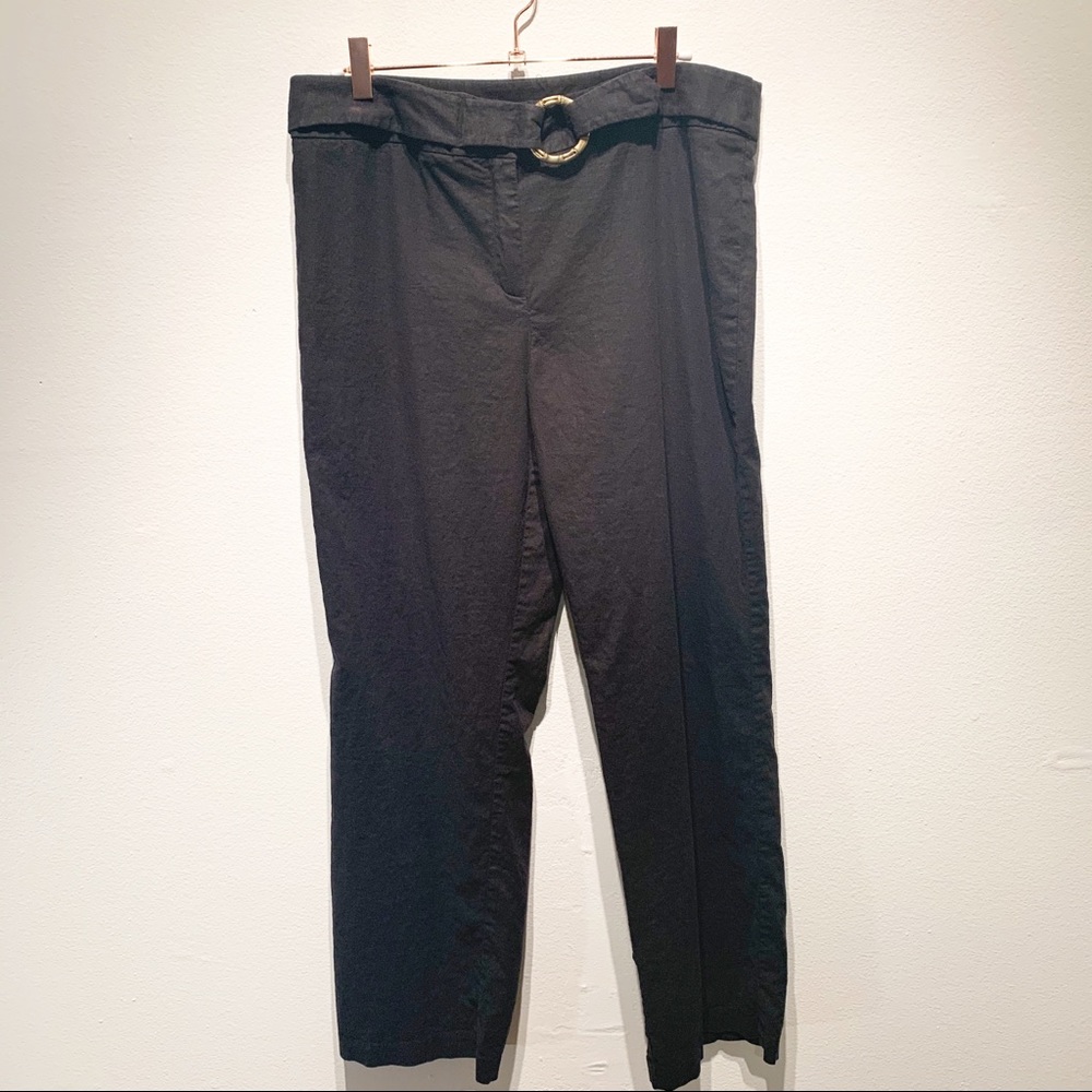 RQT Petite Black linen blend lagenlook pants 14P Petite gold hardware belt